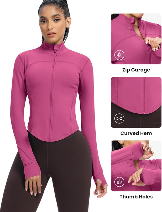 AVGO Women's Cropped Running Workout Jackets Zip Slim Fit Athletic Tops with Thumb Holes