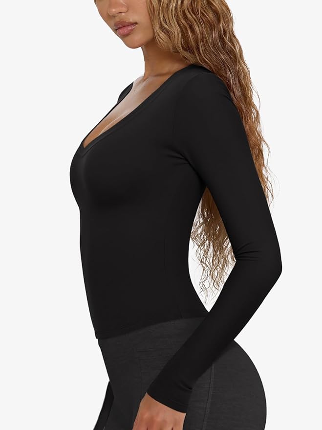 LASLULU Womens Long Sleeve Sexy V Neck T Shirts Basic Workout Tops Athletic Yoga Casual Crop Top