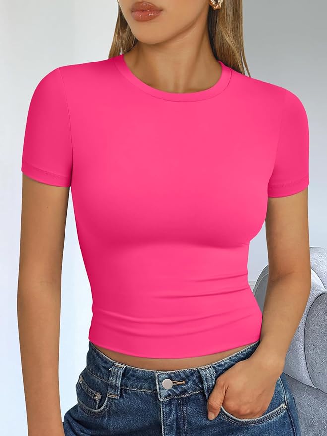 Trendy Queen Womens Short Sleeve T Shirts - Buttery Soft Summer Crop Tops Slim Fit Y2k Basic Tees for Workout