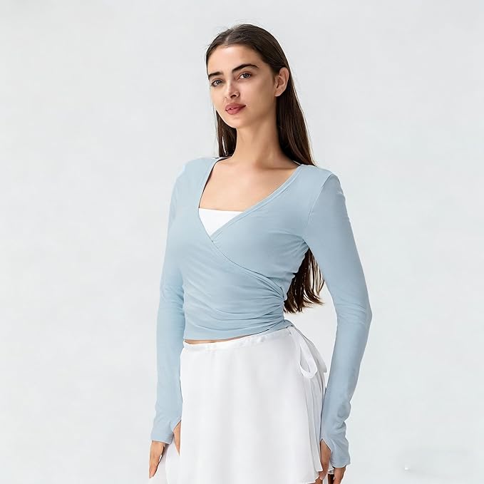 Women Wrap Top Thumb Hole Long Sleeve Self Tie Workout Shirt Pilates Ballet Yoga Tops