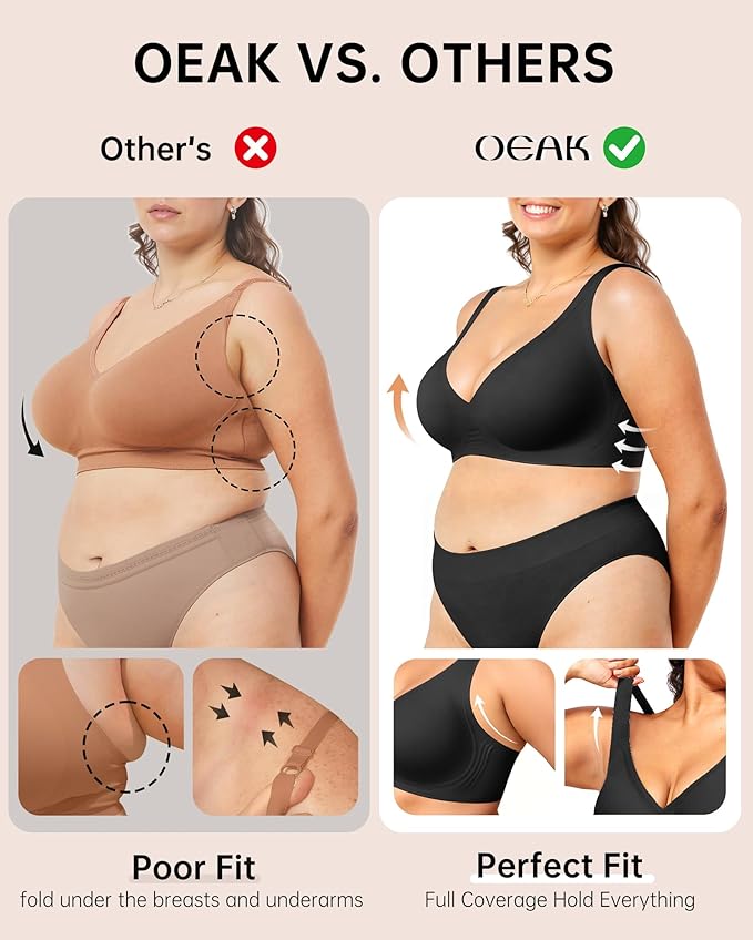 OEAK Womens Deep V Bras Wireless Comfortable Bra Supportive No Underwire Bras Tshirt Push Up Bralettes Plunge Seamless Bra