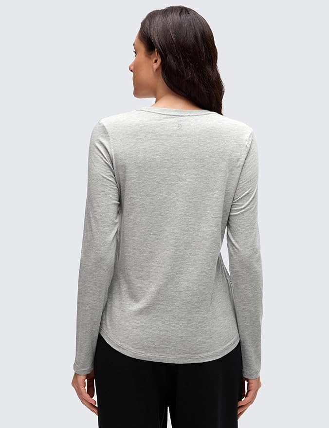 CRZ YOGA Pima Cotton Crewneck Long Sleeve Shirts for Women - Workout Athletic Yoga Casual Tops Soft Plain T-Shirt