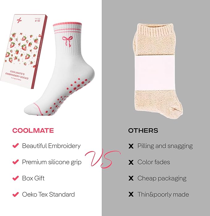 CoolMate Pilates Socks with Grips for Women, Yoga Socks, Crew Non Slip Women for Barre, Pilates Gifts for Women