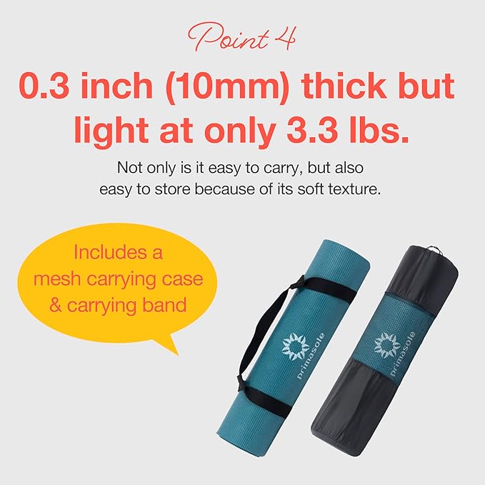 PRIMASOLE Yoga Mat Eco-Friendly Material 1/2 inch Non-Slip Yoga Pilates Fitness at Home & Gym 4 Colors with Carrying Case & Strap