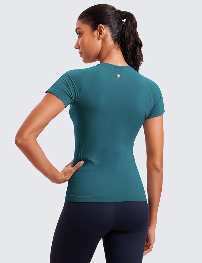 CRZ YOGA Seamless Workout Tops for Women Hip Length - Athletic Running Gym Yoga Short Sleeve Shirts Breathable Crewneck Tees