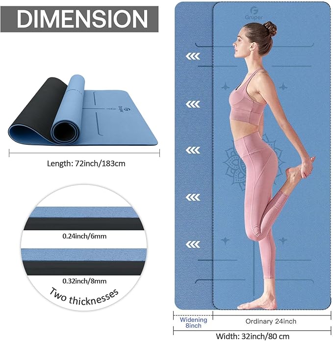 Gruper Yoga Mat Non Slip TPE Extra Wide Yoga Mat with Alignment Mark, 72"L x 32"W x 0.32"/0.24"Th (183cm x 80cm x 8mm/6mm), Anti-Tear Exercise Mat with Carrying Strap and Bag, Workout Mats for Yoga, Pilates