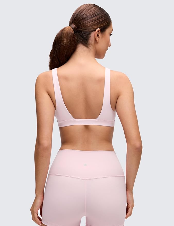 CRZ YOGA Butterluxe Soft Double Lined Deep V Neck Sports Bras for Women - Open Back Yoga Crop Top Casual Non Padded