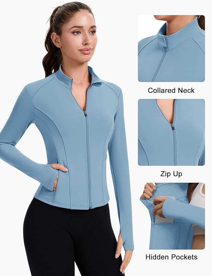 ZHENWEI Workout Jackets for Women Full Zip Up Cropped Athletic Long Sleeve Lightweight Slim Fit Running Tops with Pockets