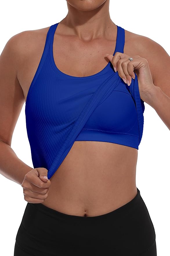 YIOIOIO Women Ribbed Workout Crop Tops with Built in Bra Seamless Yoga Racerback Tank Top Tight Fit