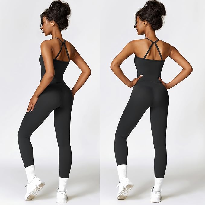 Women 2 Piece Workout Sets (NEW) Yoga Outfit Open Back Tank Top High Waisted Leggings Gym Sets Tracksuits