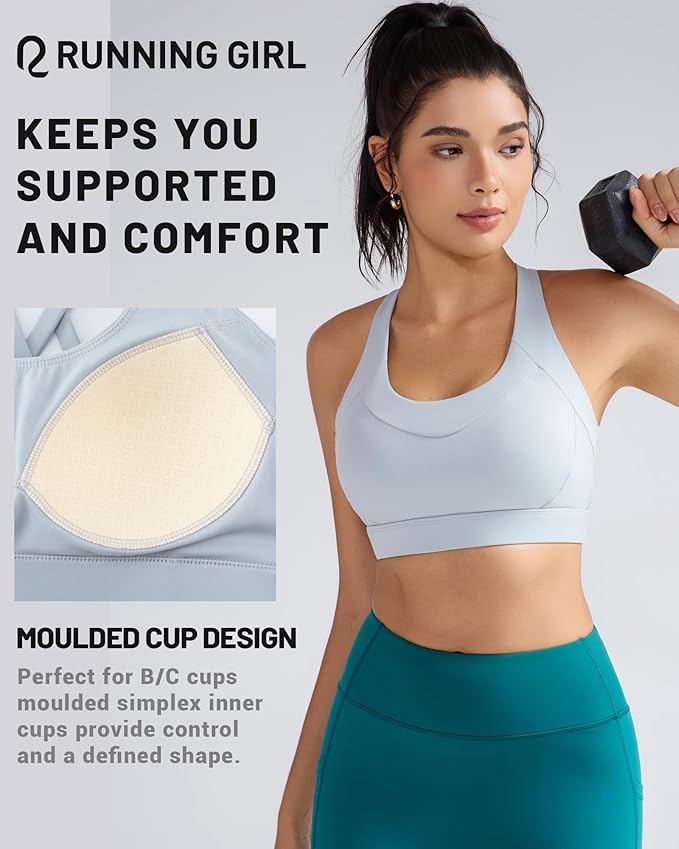 RUNNING GIRL Sports Bra for Women High Support, Molded Cup High Impact Sports Bras with Sewn in Pads Strappy Running Bra