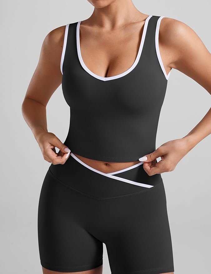 OLCHEE Womens Workout Sets 2 Piece Gym Yoga Outfits Crossover Flare Leggings Crop Tank Top with Contrast Trim
