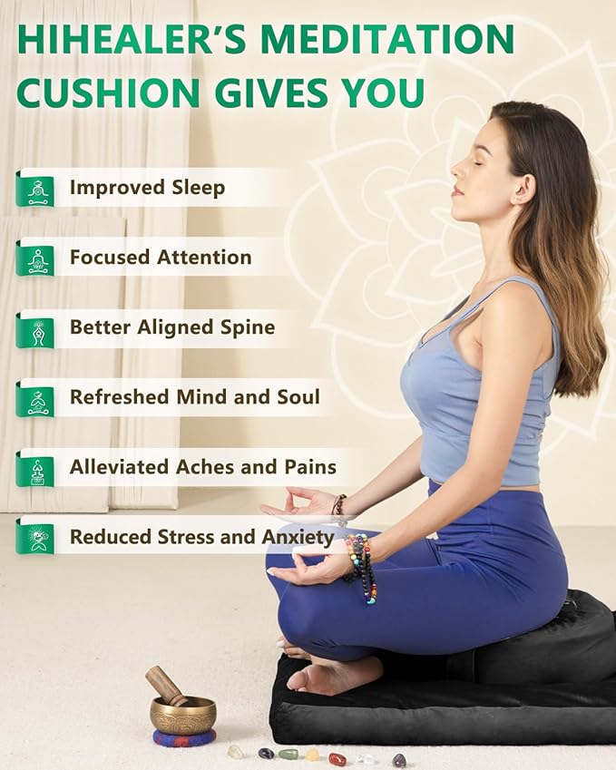 Hihealer Meditation Cushion Set Large Velvet Floor Pillow & Traditional Tibetan Yoga Bolster for Adults Zafu Meditation Mat with Buckwheat Filling (Black)