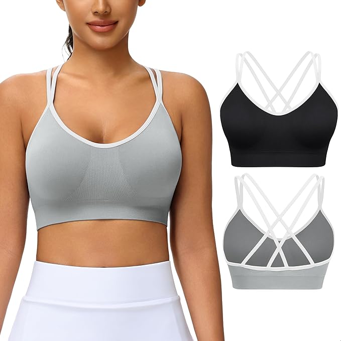 VEQKING Women's Cross Back Sports Bra Padded Strappy Medium Support Yoga Bra for Workout Fitness 3 Pack
