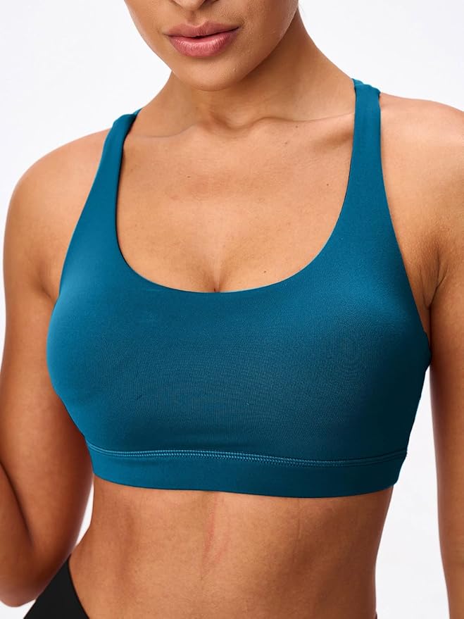 Women's Strappy Sports Bras Light Compression Crop Criss Cross Back Padded Workout Yoga Bra Supportive U Neckline