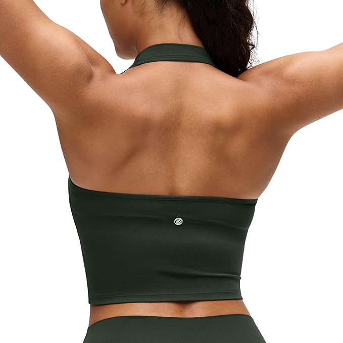 CRZ YOGA Butterluxe Halter Crop Tank Tops for Women - Open Back Padded Longline Sports Bras Workout Gym