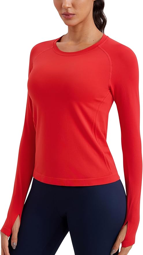 CRZ YOGA Seamless Long Sleeve Shirts for Women Waist Length - Workout Athletic Running Gym Yoga Tops Crewneck Breathable