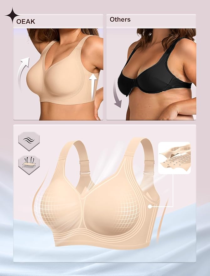 OEAK Womens Wireless Jelly Bra Plus Size Supportive Seamless Bras Full Coverage Push Up Comfortable No Underwire Tshirt Bras