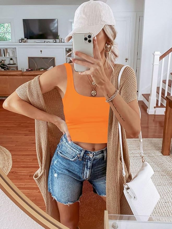 REORIA Women’s Sexy Square Neck Double Lined Seamless Sleeveless Cropped Tank Yoga Crop Basic Tops