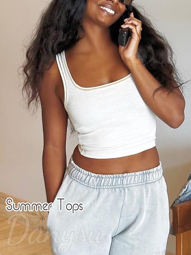 Danysu Women Rib Tank Top Padded Workout Top Square Neck Crop Tank Fitted Basic Cami Tops
