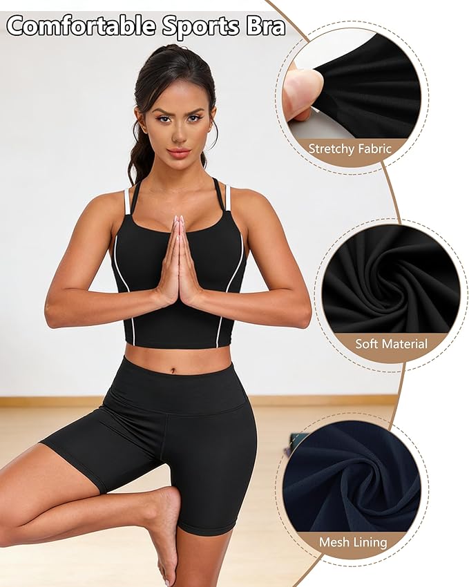 QUOJIZY Longline Sports Bras for Women Spaghetti Straps Tank Top with Built-in Bra Strappy Sports Bra for Yoga