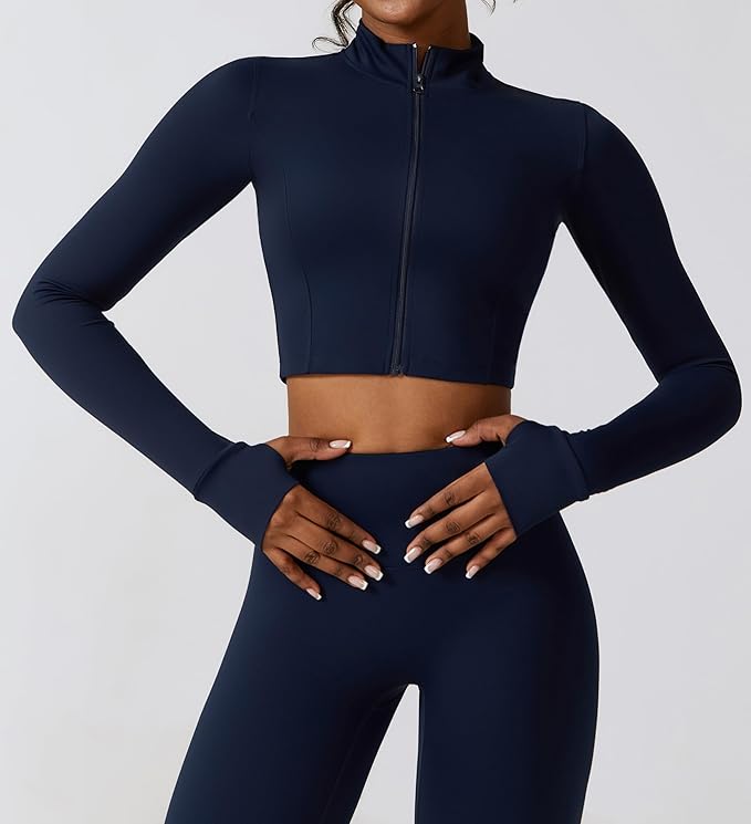 Yknktstc Womens Full Zip Athletic Jacket with Thumbhole Long Sleeve Crop Top Running Workout Yoga Sportswear Shirt