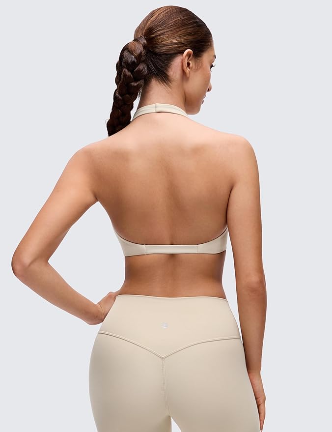 CRZ YOGA Butterluxe Double Lined Twist Halter Sports Bras for Women - Deep V Neck Crop Top Casual Open Back Non Padded