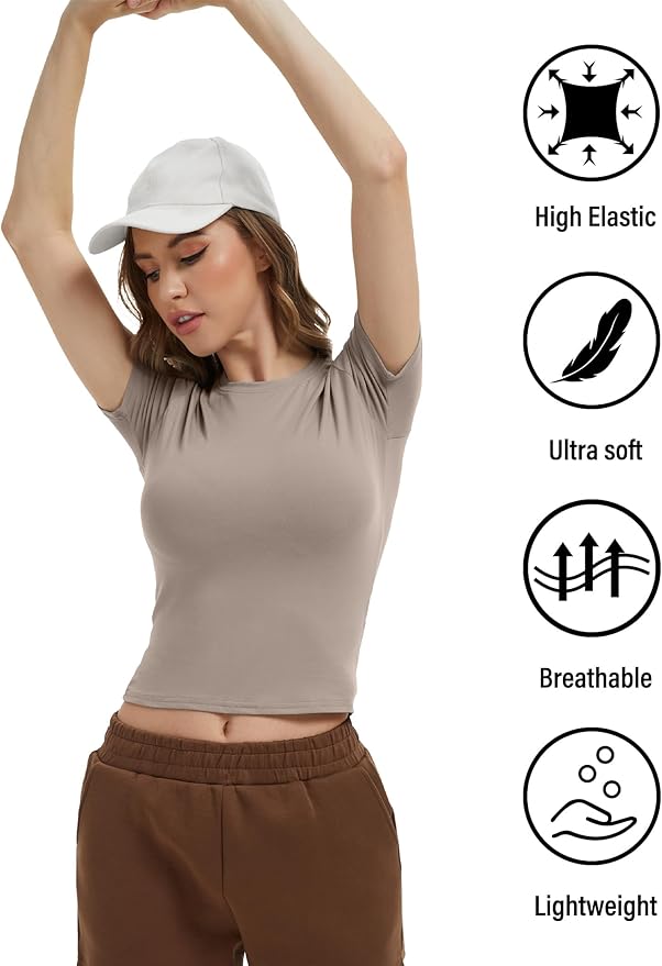 Dalavch 4 Pack Women's Workout Shirts Compression Short Sleeve Crew Neck Running Yoga Gym Athletic Fitted Crop T-Shirts Top
