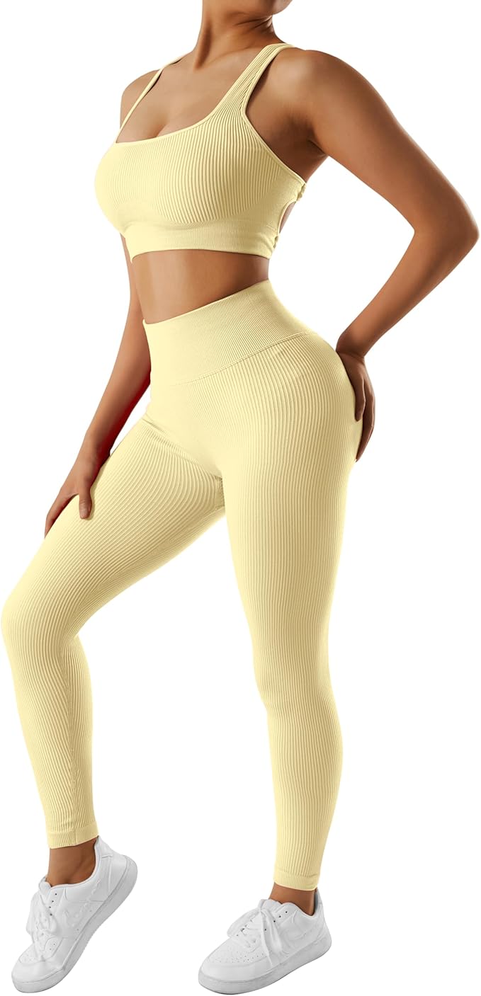 RXRXCOCO Ribbed Workout Sets for Women 2 Piece Backless Strappy Sports Bra Seamless Leggings Matching Set Yoga Outfits