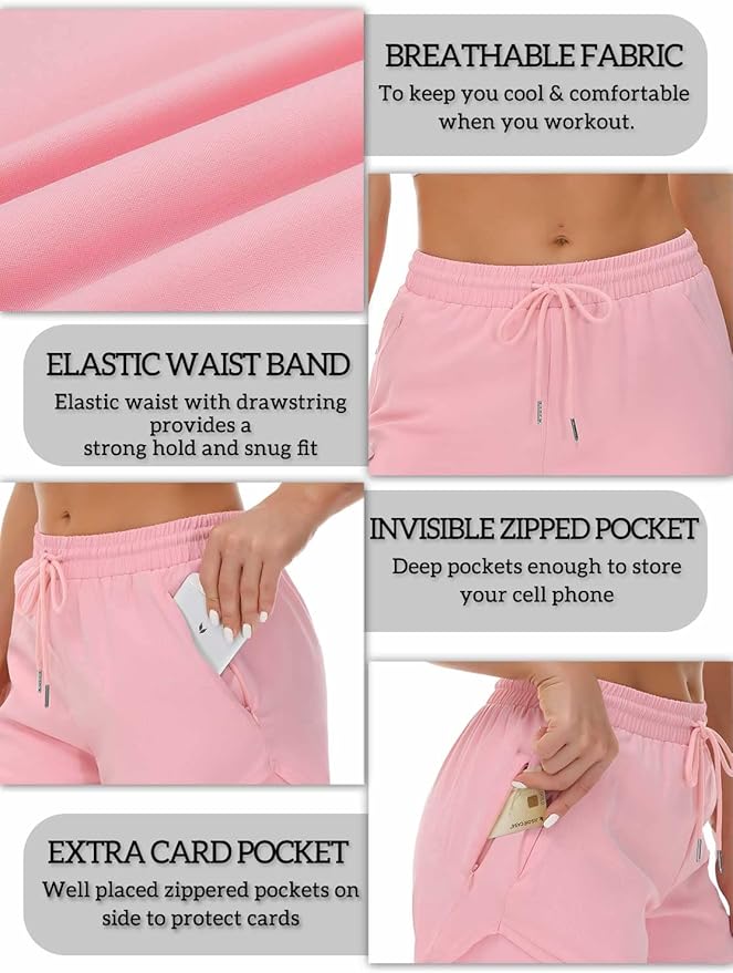 Mancreda Women's Running Shorts with Liner 3 Zipper Pockets Elastic Workout Athletic Gym Yoga Shorts