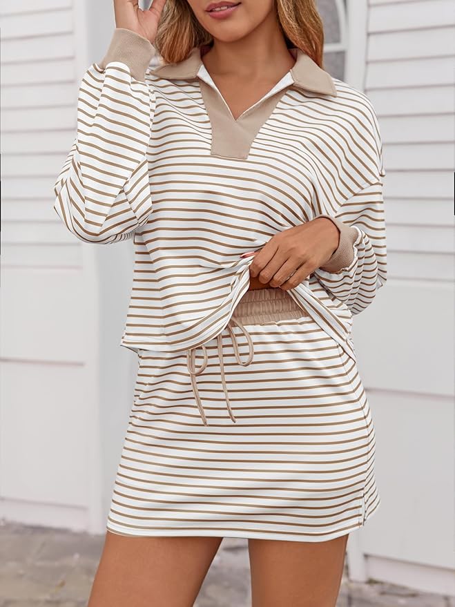 Fisoew Womens Striped 2 Piece Outfits Casual Sweatshirt Skirt Set Long Sleeve Skort Workout Set Matching Lounge Sets