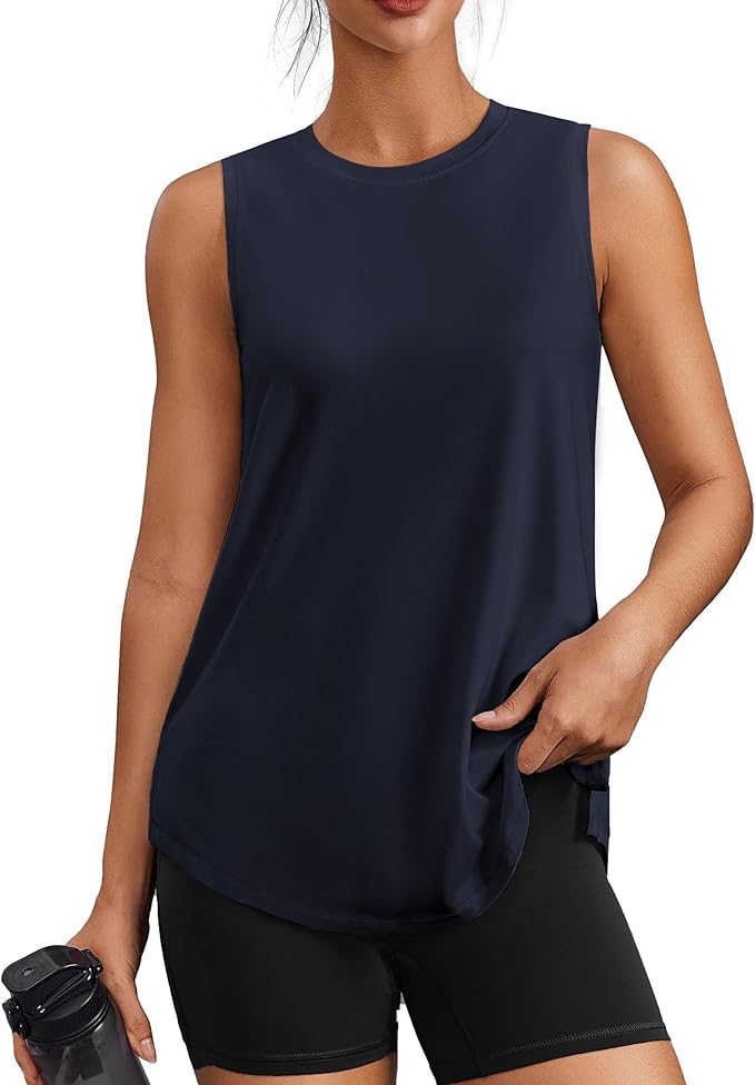 PINSPARK Workout Tops for Women Sleeveless Athletic Tank Tops UPF 50+ Running Tanks with Side Slits Loose Fit Gym Yoga Shirt