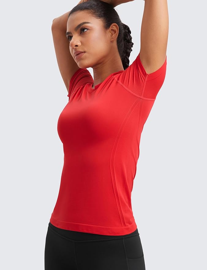 CRZ YOGA Seamless Workout Tops for Women Hip Length - Athletic Running Gym Yoga Short Sleeve Shirts Breathable Crewneck Tees