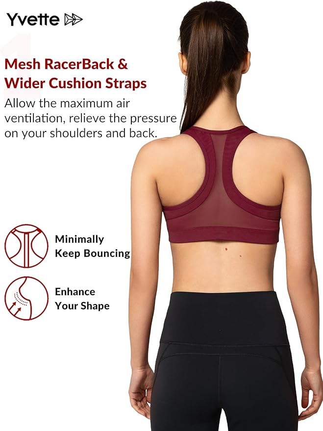 Yvette Zip Front Sports Bra - High Impact Sports Bras for Women Plus Size Workout Fitness Running