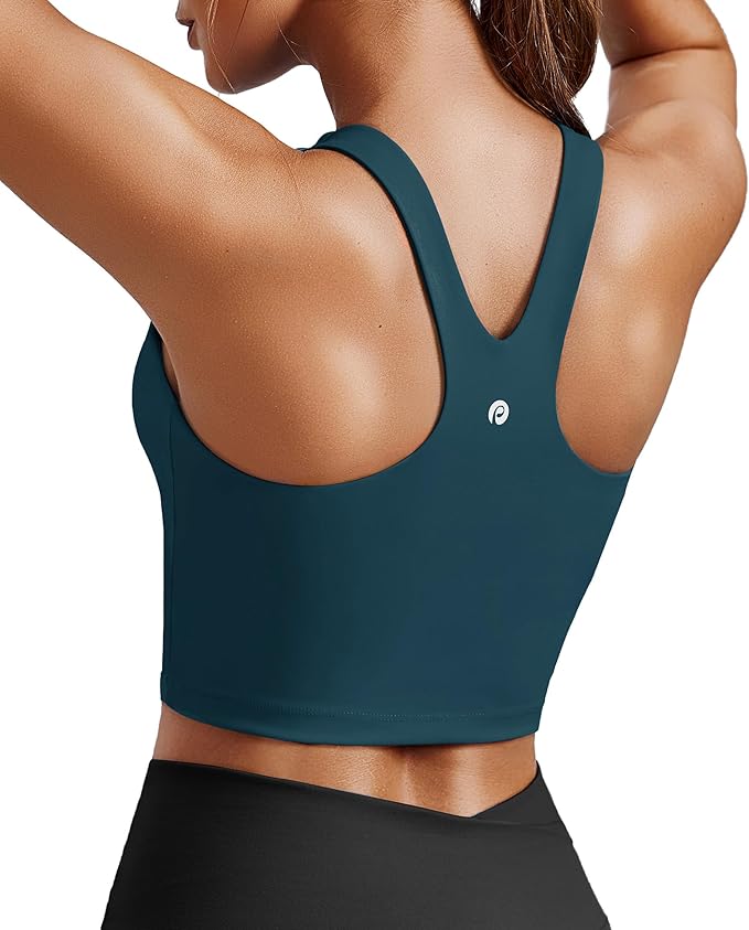 PINSPARK Women Sports Bra High Neck Racerback Workout Crop Tank Top Longline Padded Yoga Tops with Built in Pads