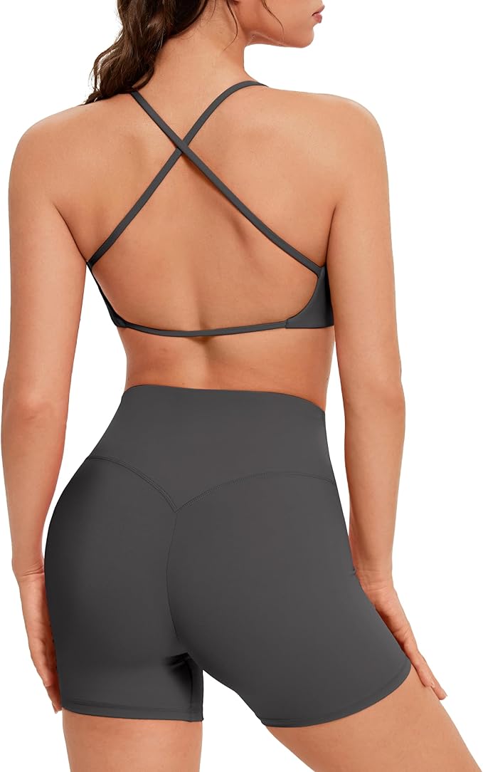 OMKAGI Workout Sets for Women Open Back Strappy Sports Bra Booty Biker Shorts Gym Outfits