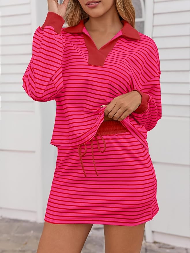 Fisoew Womens Striped 2 Piece Outfits Casual Sweatshirt Skirt Set Long Sleeve Skort Workout Set Matching Lounge Sets