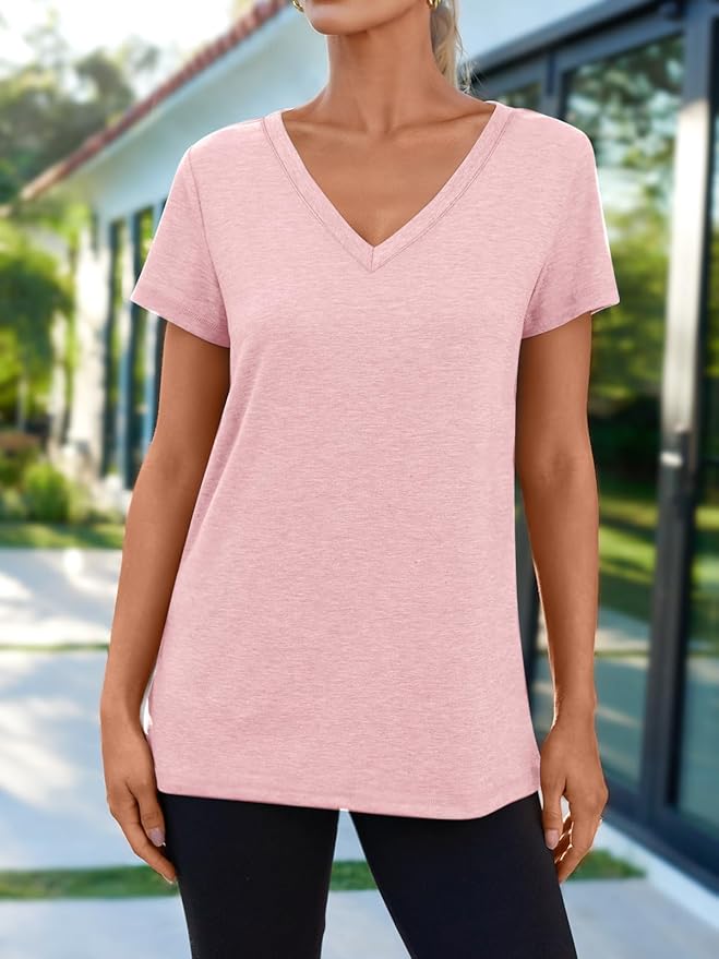 AUTOMET T-Shirts Short Sleeve V Neck Tees Tops for Women Fashion Trendy Lightweight Soft Casual Summer Outfits Clothes 2026