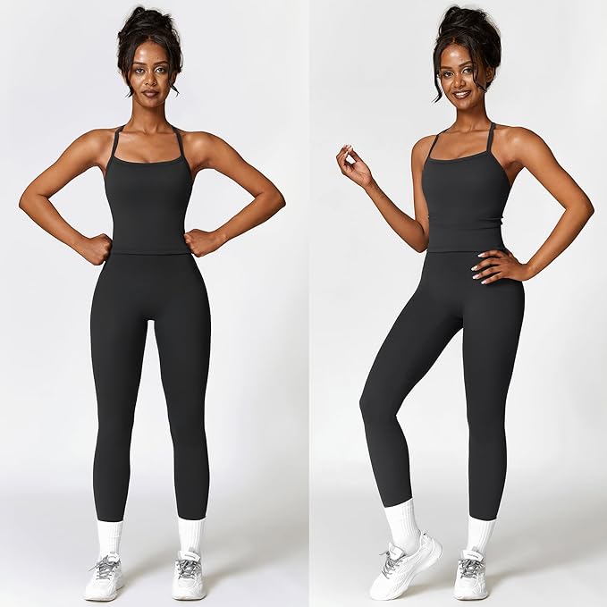 Women 2 Piece Workout Sets (NEW) Yoga Outfit Open Back Tank Top High Waisted Leggings Gym Sets Tracksuits