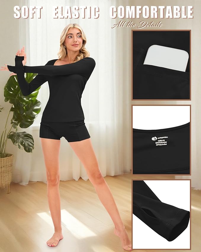 Oakgarden Women's Long Sleeve Yoga Set Square Neck Slim Fit Tops Elastic Soft Thumb Hole Shirt High Waist Shorts with Pockets