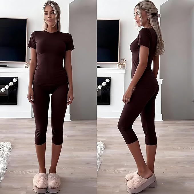 YETOWA Womens 2 Piece Workout Sets High Waisted Tummy Control Crop Top Capri Leggings Stretchy Soft Activewear