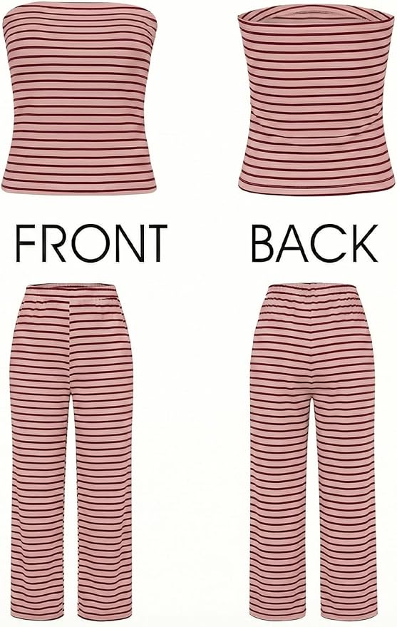 Tankaneo Womens Striped 2 Piece Sets Summer Strapless Crop Tube Tops Wide Leg Pants Matching Lounge Set Vacation Outfits
