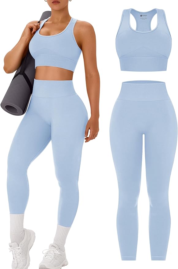 OLCHEE Womens Workout Sets 2 Piece - Acid Wash Seamless Yoga Outfits High Waist Leggings Padded Racerback Sports Bra Gym Set