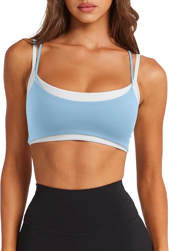 LASLULU Womens Double Layered Sports Bra Adjustable Spaghetti Straps Sexy Scoop Neck Wireless Padded Workout Yoga Crop Tops