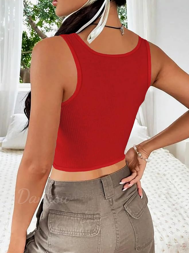 Danysu Women Rib Tank Top Padded Workout Top Square Neck Crop Tank Fitted Basic Cami Tops