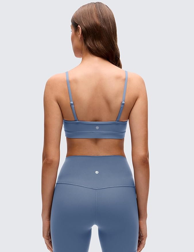 CRZ YOGA Butterluxe V-Neck Sports Bras for Women - Adjustable Thin Straps Padded Yoga Top Basic Wireless Camisole