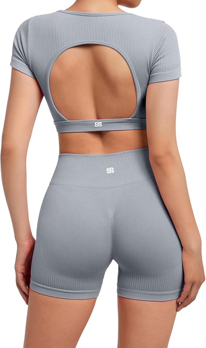 SUUKSESS Womens Workout Sets Open Back Gym Sets Woman Yoga Pilates Crop Tank High Waisted Bike Shorts