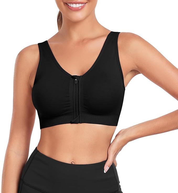 Women's Zip Front Sports Bra Wireless Post-Surgery Bra Active Yoga Sports Bras