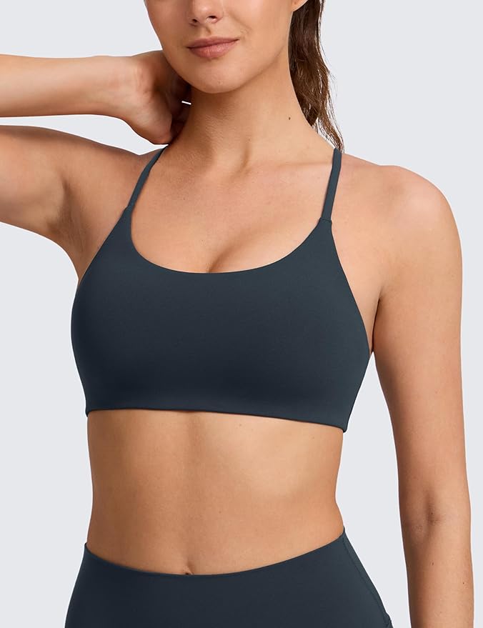 CRZ YOGA Butterlift Double Lined V Back Sports Bras for Women - Scoop Neck Spaghetti Strap Wireless Yoga Top Non Padded