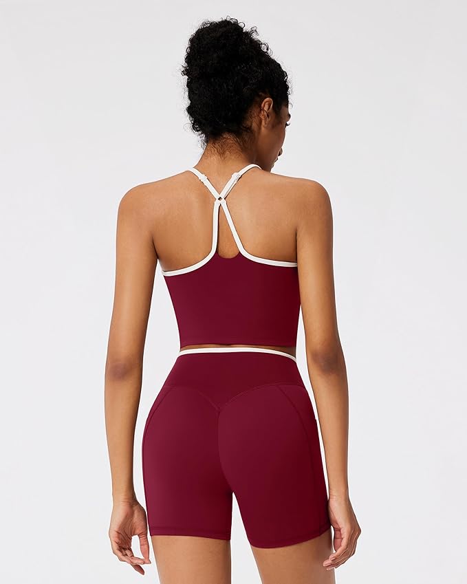 RXRXCOCO Color Block Workout Sets for Women 2 Piece Padded Strappy Tank Tops Hidden Scrunch Booty Shorts with Pockets